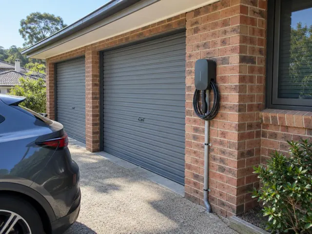 Wall-mounted EV charger on a brick garage exterior beside roller doors in Mount Colah