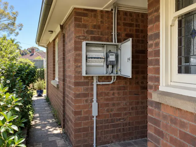 Exterior brick wall with an open switchboard and meter box beside a house window in Asquith
